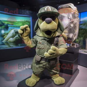 Green Navy Seal mascot costume character dressed with a Cargo Shorts and Hats
