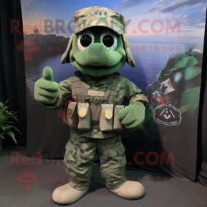 Green Navy Seal mascot costume character dressed with a Cargo Shorts and Hats