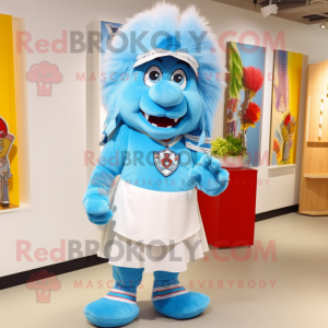 Sky Blue Chief mascot costume character dressed with a Bermuda Shorts and Earrings