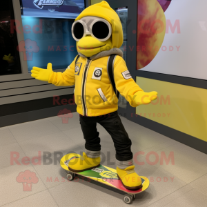 Lemon Yellow Skateboard mascot costume character dressed with a Moto Jacket and Shoe clips