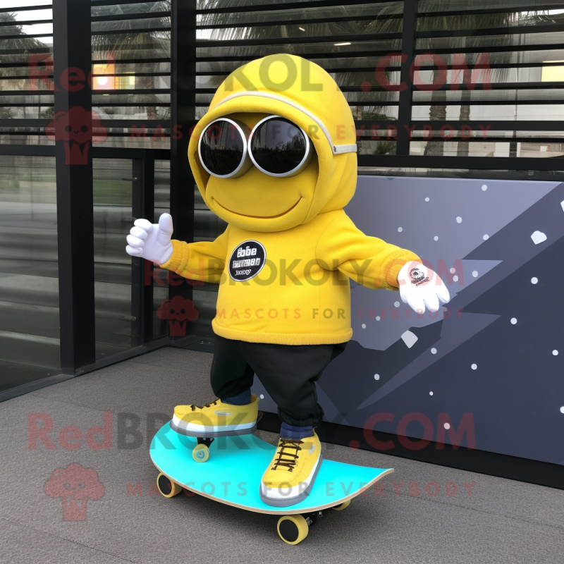 Lemon Yellow Skateboard mascot costume character dressed with a Moto Jacket and Shoe clips