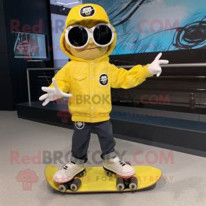 Lemon Yellow Skateboard mascot costume character dressed with a Moto Jacket and Shoe clips