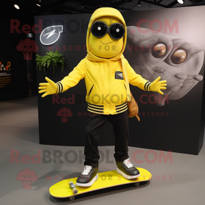 Lemon Yellow Skateboard mascot costume character dressed with a Moto Jacket and Shoe clips