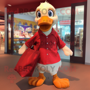 Red Gosling mascot costume character dressed with a Poplin Shirt and Tote bags