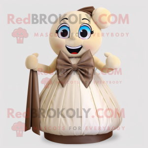 Beige Ice mascot costume character dressed with a Ball Gown and Bow ties