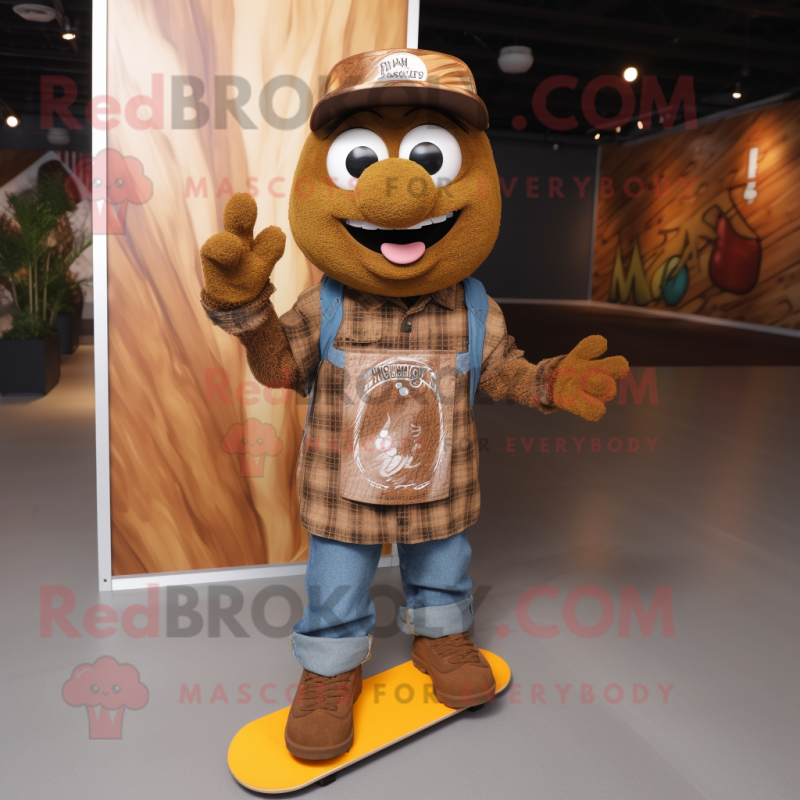 Brown Skateboard mascot costume character dressed with a Jeans and Wraps