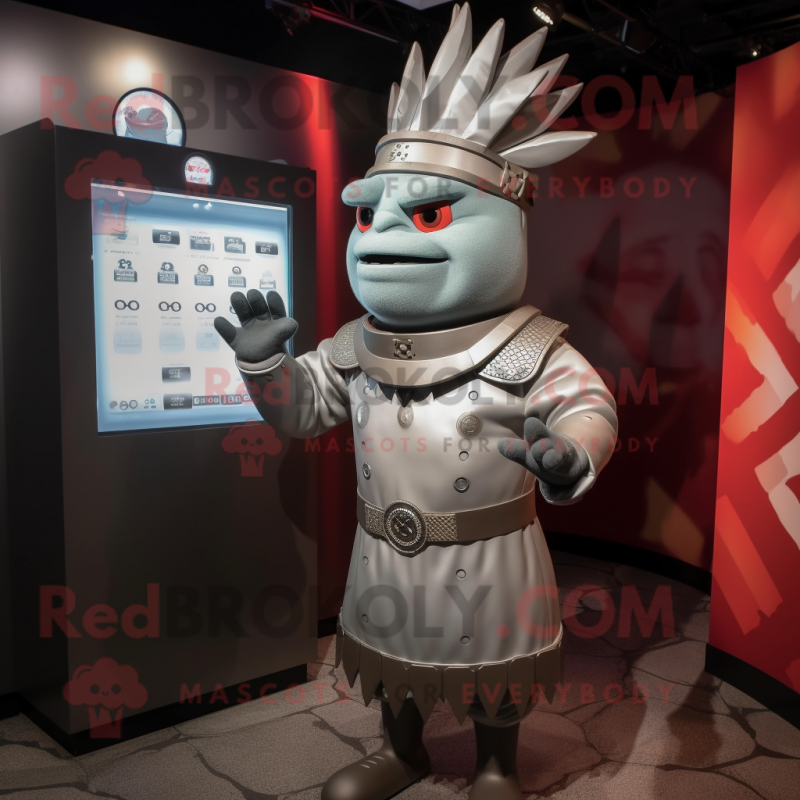 Silver Chief mascot costume character dressed with a Turtleneck and Lapel pins Silver Chief mascot costume character dressed with a Turtleneck and Lapel pins