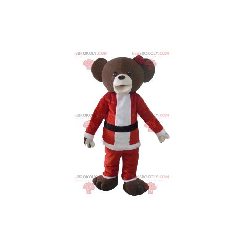 Mascotte marrone orsacchiotto in abito di Babbo Natale -