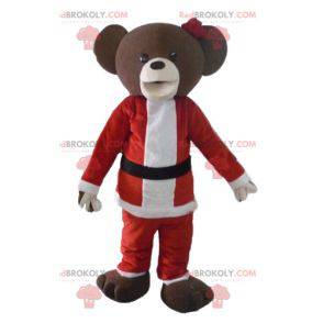 Mascote urso de pelúcia marrom com roupa de Papai Noel -