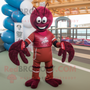 Maroon Lobster Bisque mascot costume character dressed with a Rash Guard and Anklets