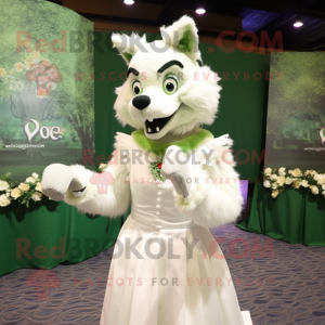 Olive Say Wolf mascot costume character dressed with a Wedding Dress and Gloves