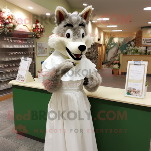 Olive Say Wolf mascot costume character dressed with a Wedding Dress and Gloves