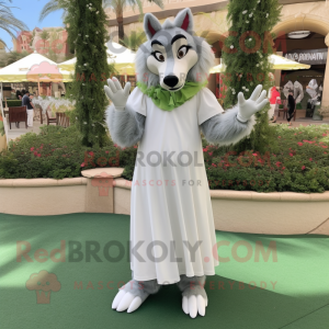 Olive Say Wolf mascot costume character dressed with a Wedding Dress and Gloves