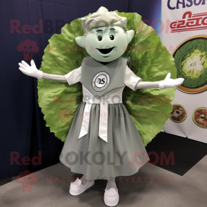 Gray Caesar Salad mascot costume character dressed with a Circle Skirt and Pocket squares