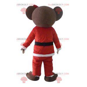 Mascota del oso de peluche marrón en traje de Santa Claus -