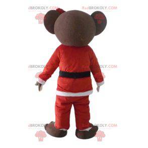 Mascotte de nounours marron en tenue de Père-Noël -