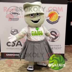 Gray Caesar Salad mascot costume character dressed with a Circle Skirt and Pocket squares