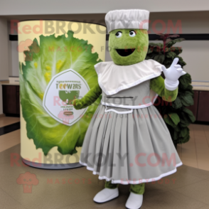 Gray Caesar Salad mascot costume character dressed with a Circle Skirt and Pocket squares