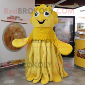 Gold Fried Calamari mascot costume character dressed with a Midi Dress and Foot pads