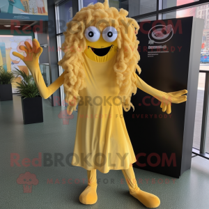 Gold Fried Calamari mascot costume character dressed with a Midi Dress and Foot pads