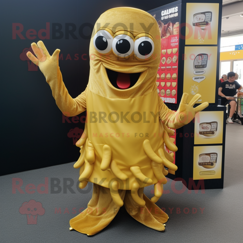 Gold Fried Calamari mascot costume character dressed with a Midi Dress and Foot pads