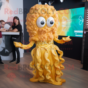 Gold Fried Calamari mascot costume character dressed with a Midi Dress and Foot pads