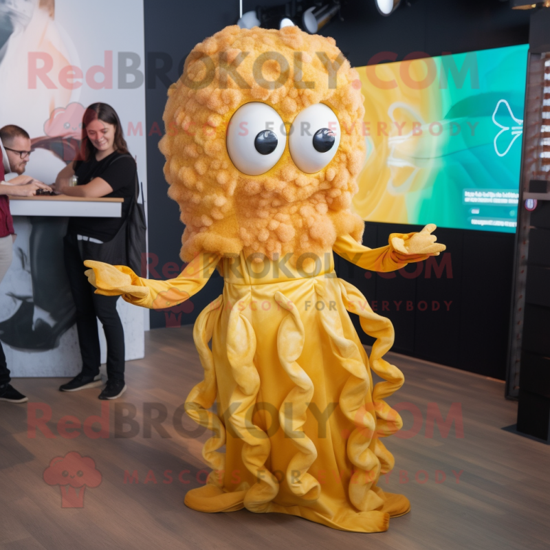 Gold Fried Calamari mascot costume character dressed with a Midi Dress and Foot pads Gold Fried Calamari mascot costume character dressed with a Midi Dress and Foot pads