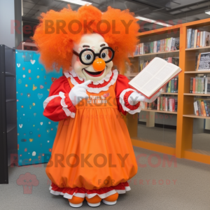 Orange Clown mascot costume character dressed with a Mini Dress and Reading glasses
