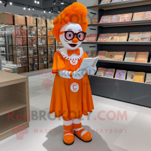 Orange Clown mascot costume character dressed with a Mini Dress and Reading glasses