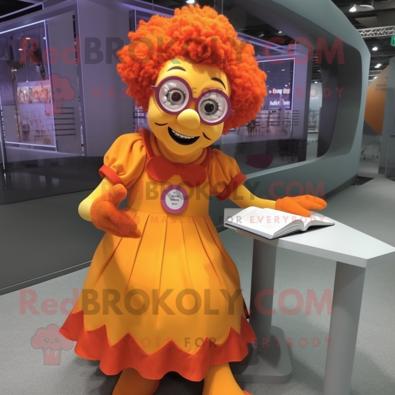 Orange Clown mascot costume character dressed with a Mini Dress and Reading glasses