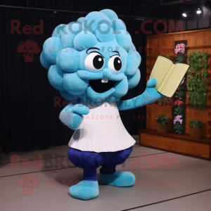 Sky Blue Cauliflower mascot costume character dressed with a Evening Gown and Wallets