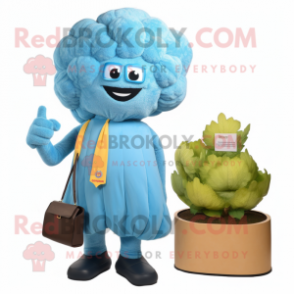 Sky Blue Cauliflower mascot costume character dressed with a Evening Gown and Wallets