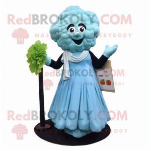 Sky Blue Cauliflower mascot costume character dressed with a Evening Gown and Wallets