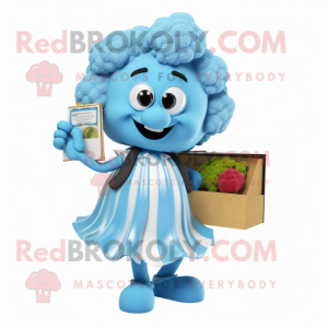 Sky Blue Cauliflower mascot costume character dressed with a Evening Gown and Wallets