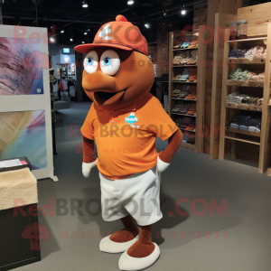 Brown Clown Fish mascot costume character dressed with a Polo Tee and Hat pins