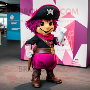 Magenta Pirate mascot costume character dressed with a Culottes and Suspenders