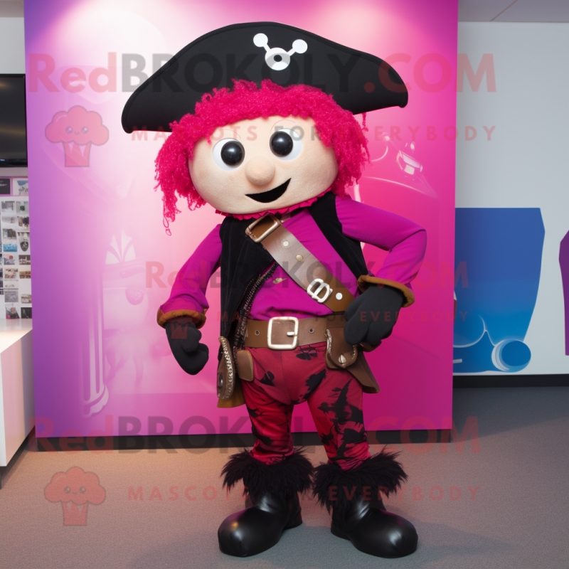 Magenta Pirate mascot costume character dressed with a Culottes and Suspenders