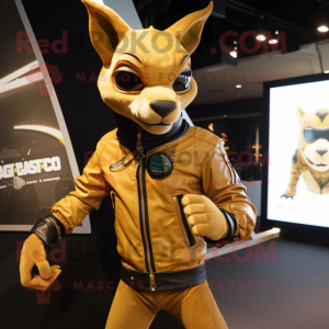 Gold Chupacabra mascot costume character dressed with a Moto Jacket and Smartwatches
