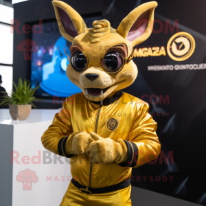 Gold Chupacabra mascot costume character dressed with a Moto Jacket and Smartwatches