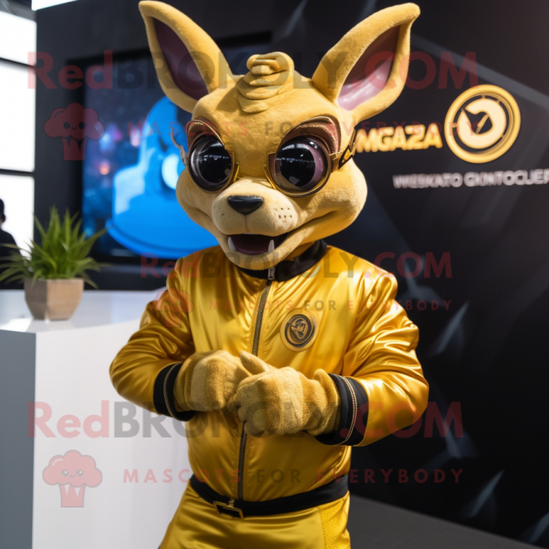 Gold Chupacabra mascot costume character dressed with a Moto Jacket and Smartwatches Gold Chupacabra mascot costume character dressed with a Moto Jacket and Smartwatches