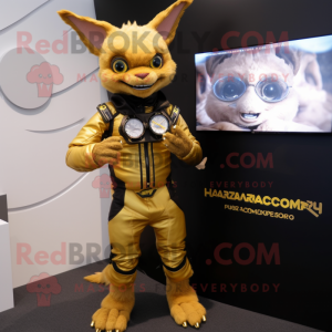 Gold Chupacabra mascot costume character dressed with a Moto Jacket and Smartwatches