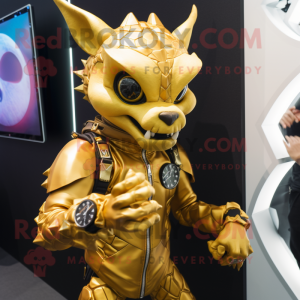 Gold Chupacabra mascot costume character dressed with a Moto Jacket and Smartwatches