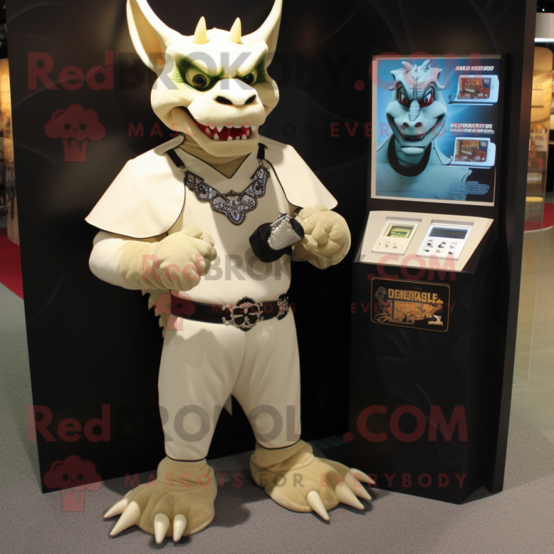 Cream Gargoyle mascot costume character dressed with a Graphic Tee and Coin purses Cream Gargoyle mascot costume character dressed with a Graphic Tee and Coin purses