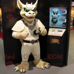 Cream Gargoyle mascot costume character dressed with a Graphic Tee and Coin purses