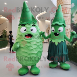 Forest Green Ice Cream Cone mascot costume character dressed with a Evening Gown and Backpacks