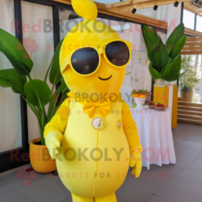 Lemon Yellow Goulash mascot costume character dressed with a Romper and Sunglasses