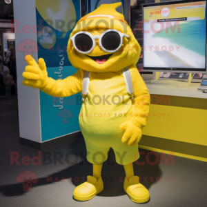 Lemon Yellow Goulash mascot costume character dressed with a Romper and Sunglasses