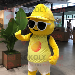 Lemon Yellow Goulash mascot costume character dressed with a Romper and Sunglasses