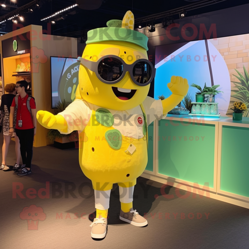 Lemon Yellow Goulash mascot costume character dressed with a Romper and Sunglasses