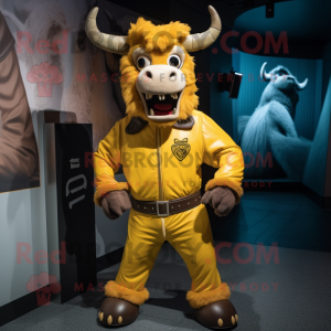 Yellow Minotaur mascot costume character dressed with a Bomber Jacket and Cummerbunds